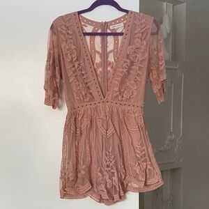Honey punch Lace Embroidered Romper mauve Blush Pink deep v neck short sleeve